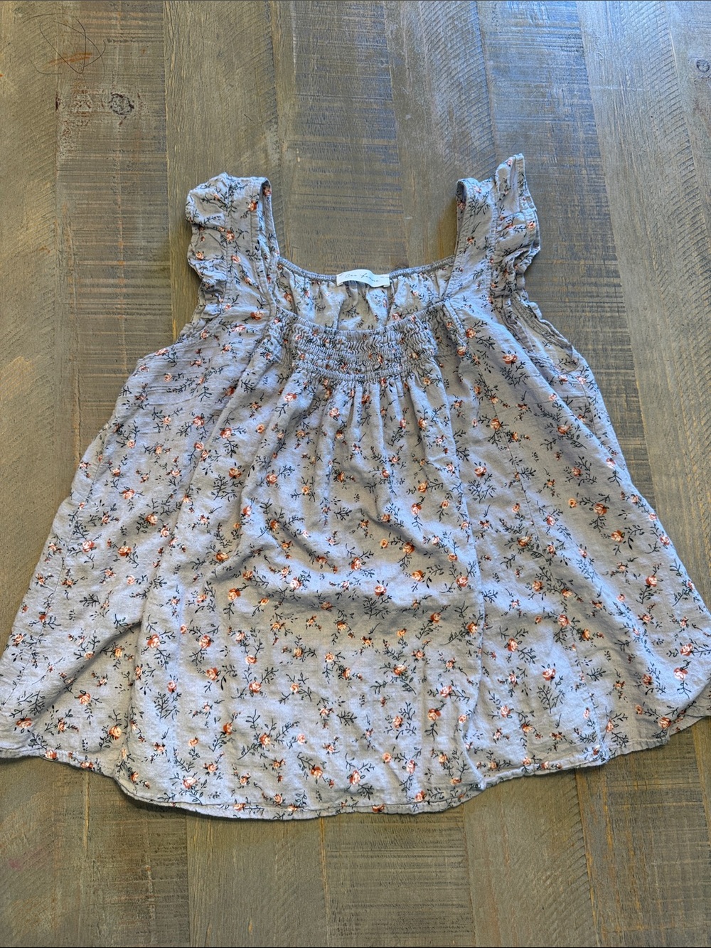 Ces Femme Grey Floral Smocked Neck Ruffle Tank